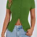 PRETTYGARDEN Women's Short Sleeve Summer Tops 2025 Trendy Ribbed Knit Button Up Tight Basic Tees Shirts Going Out Y2K Clothes