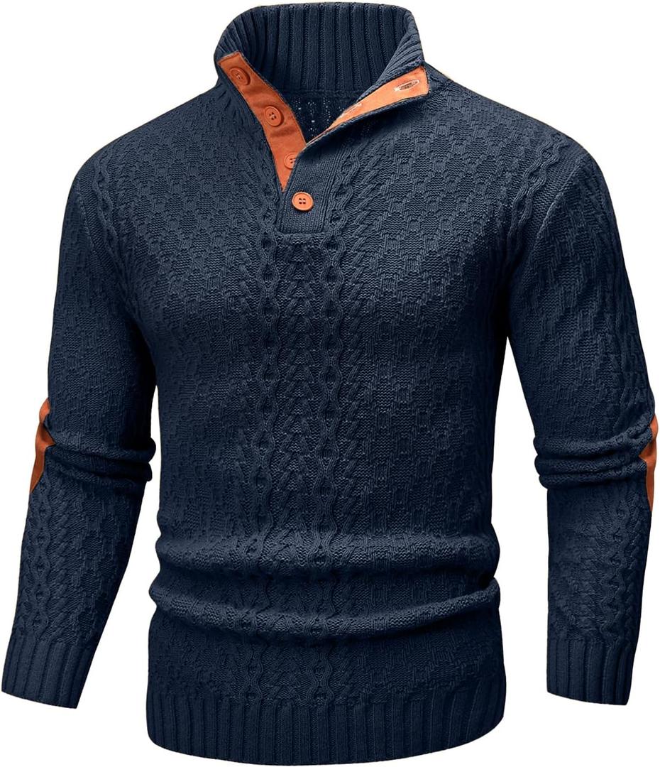 Wizoat Mens Cable Knit Pullover Sweater Casual Long Sleeve Stand Collar Quarter Button Knitted Sweaters (L)