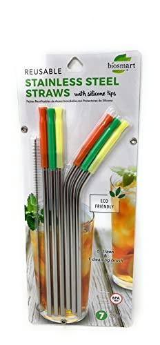BIOSMART Reusable Stainless Steel Straw Set w/ Silicone Tips & 1 Cleaning Brush