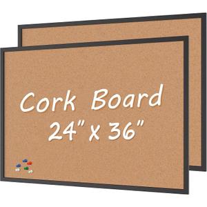 2-Pack Cork Board Bulletin Board 24 x 36, Black Wood Framed 2x3 Corkboard, Office Board for Wall Cork, Large Wall Mounted Notice Pin Board with 32 Push Pins for School, Home & Office