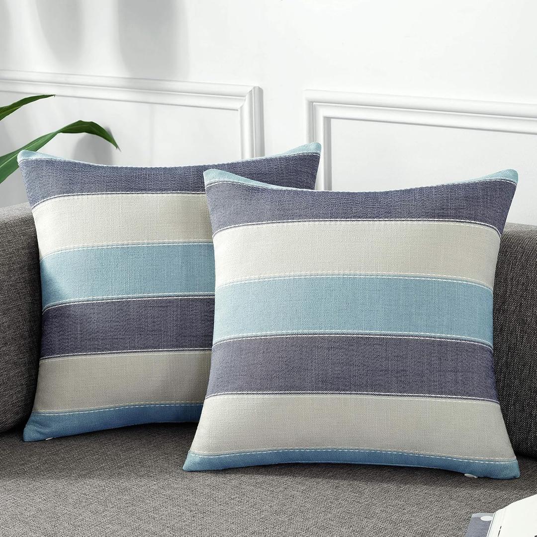AmHoo Pack of 2 Farmhouse Stripe Check Throw Pillow Covers Set Case Cotton Linen Decorative Pillowcases Cushion Cover for Couch Bench Sofa 18x18Inch Blue Beige