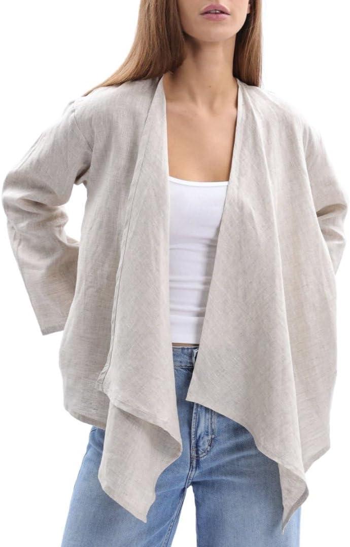 Amazhiyu Women's 100% Linen Draped Open Cardigan Summer Casual Asymmetric Tops Flax, Small