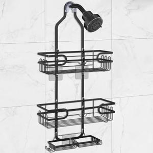 Shower Caddy Hanging, Over Head Shower Caddy Shower Storage Rack Basket with Hooks for Razor and Sponge Rustproof, No Drilling, Accessories for Bathroom and Kitchen, Black2 (Single shelf)