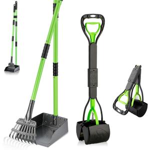 MXF Dog Pooer Scooper Set, 2 in 1 Pet Poop Scooper with Long Handle 28" Dog Poop Picker Upper and Stainless Metal Tray & Rake for Medium & Small Dogs, Heavy Duty for Grass, Dirt, Gravel