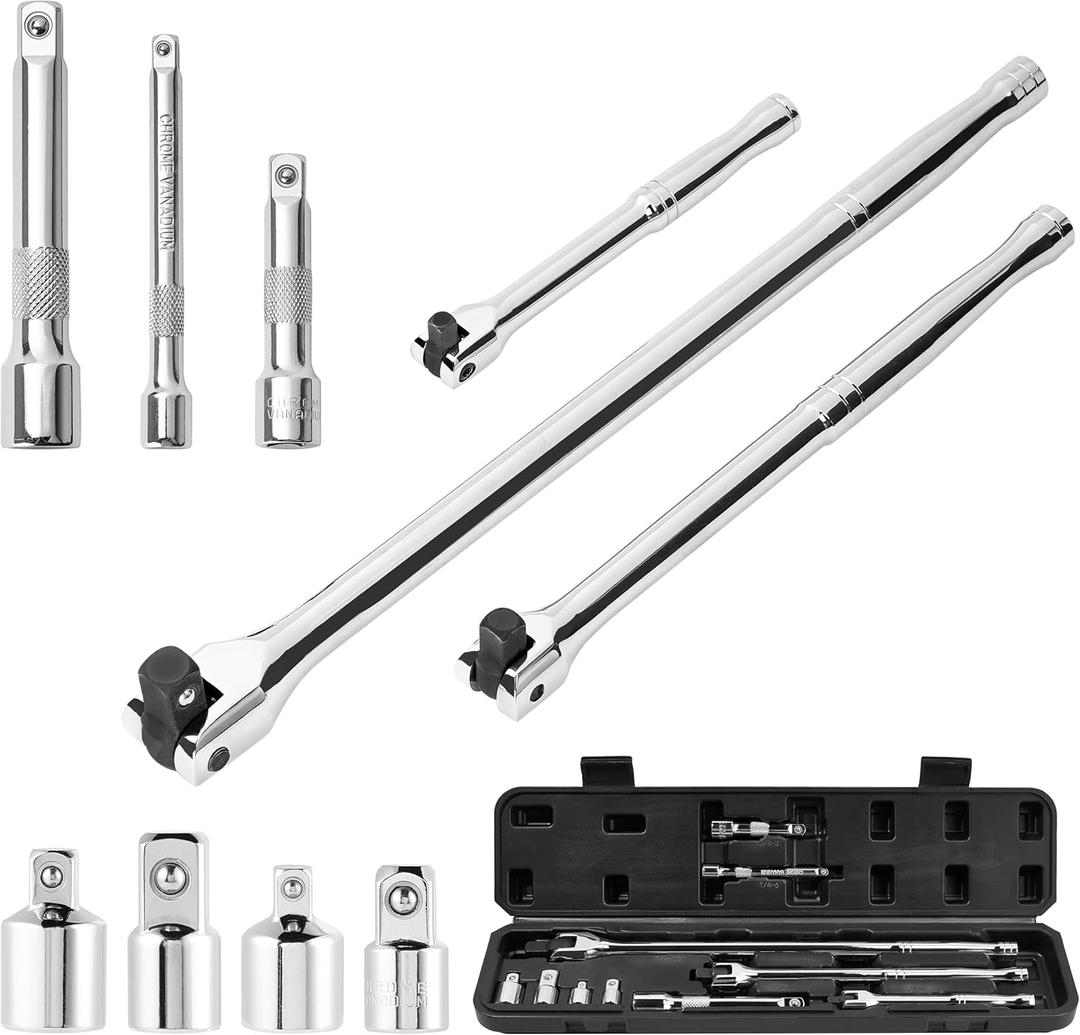 KOOPOOL 10 Piece Breaker Bar Set, 3/8", 1/2" and 1/4" Drive, 180 Rotatable Head, 6'', 10'', 15'' Length, 3 Extension Bars, Organizer Case