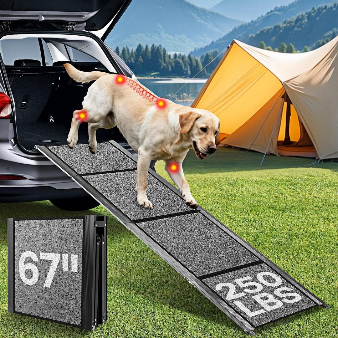 Lightweight Aluminum Dog Ramp for Women & Seniors - 67" Folding Car Ramp for Large Dogs to 250lbs | Portable Pet Ramp with Non-Slip Surface for Safe SUV, Truck Entry & Joint Care for Senior Pets