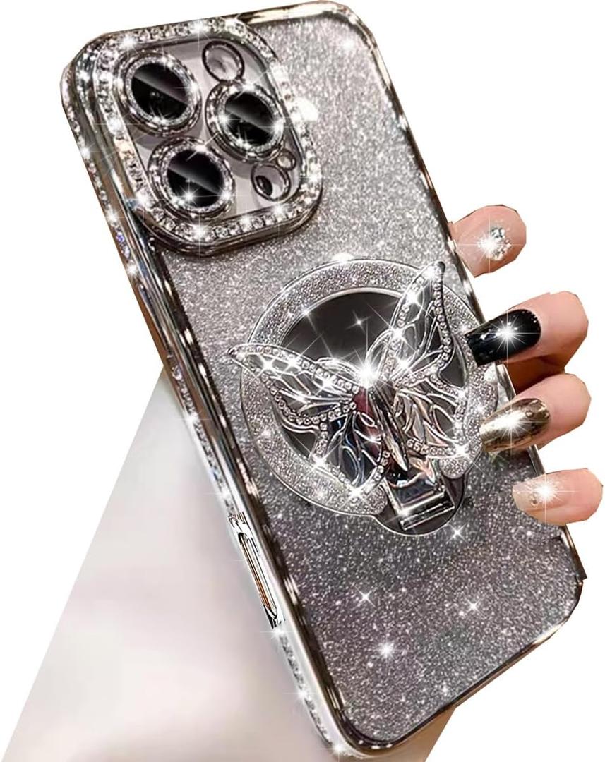 Magnetic Glitter Case for iPhone 16 Pro Max,[Compatible with MagSafe] Bling Sparkly Diamond with Camera Protector &Butterfly Stand &Makeup Mirror Women Girls Case for iPhone 16 Pro Max,Silver