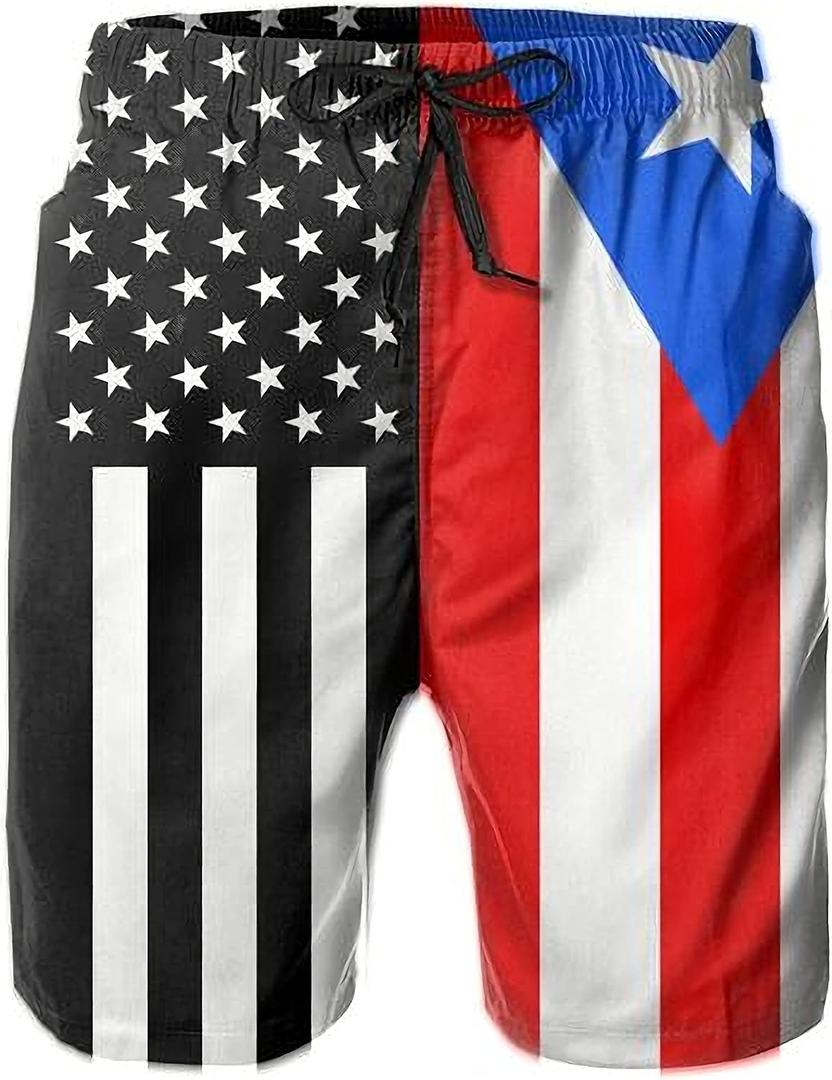 USA Puerto Rico Flag Men's Swim Trunks Beach Shorts Board Shorts with Pockets (M)