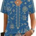 Kistore Womens Summer Tops Short Sleeve V Neck Casual Shirts Beach Vacation Dressy Work Blouses (Blue, L)