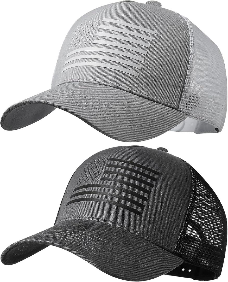American Flag Trucker Hat,USA Hat for Men Women Snapback Baseball Cap Adjustable Breathable Mesh Side Durable Hats (Black)