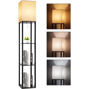 RUNTOP Floor Lamp with Shelves, Shelf Lamp with 3 Color Temperature LED Bulb,Floor-Lamp for Living Room, Modern Tall Standing Display Shelf Floor Lamps for Bedroom, Office (Black)