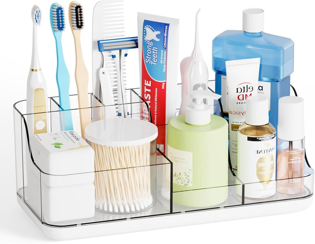 Yieach Mens Bathroom Organizer Countertop,Bathroom Sink Caddy Countertop Storage,White 7 Slot Vanity Bathroom Toiletry Organizers and Toothbrush Holders for Toothpaste,Electric Tooth Brush Organizer