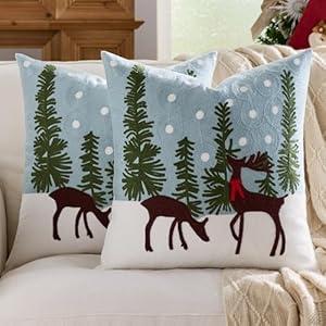 Farmhouse Christmas Pillow Covers 18x18 Set of 2, Xmas Embroidered Throw Cushion Cases with Festive Patterns for Rustic Home Holiday Decor (Reindeer Snow, 18" x 18" (Pack of 2))