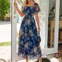 Simplee Womens Floral Maxi Dresses 2026 Summer Square Neck Mesh Short Sleeve Smocked Boho Flowy Wedding Guest Dress, XL