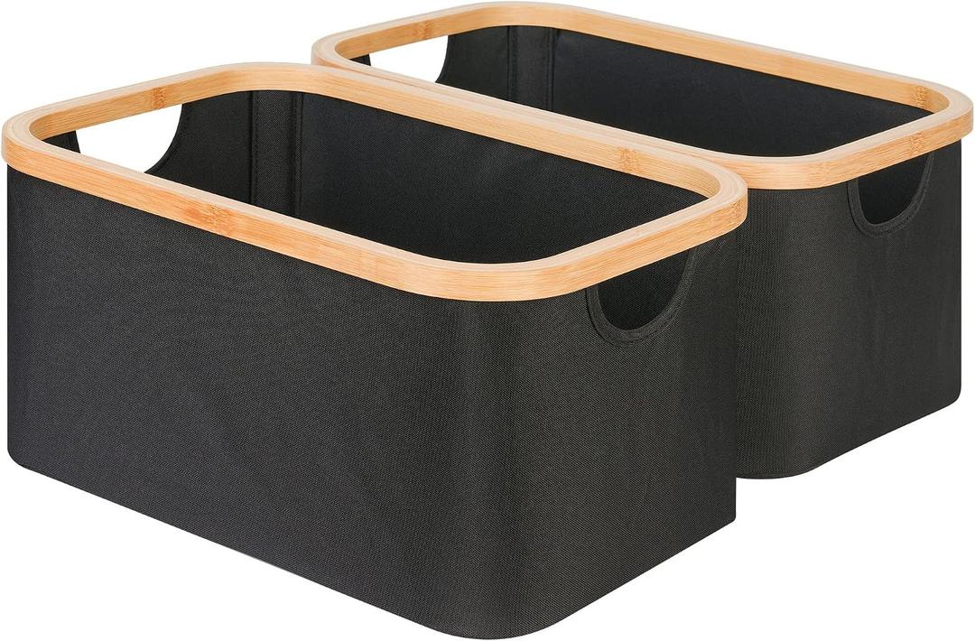 efluky Storage Baskets for Organizing, Fabric Storage Bins with Bamboo Handles, Collapsible Storage Baskets for Shelves and Closet, Black Set of 2