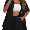 APAFES Women Summer Cotton Linen Short Sets 2 Piece Shorts Top Lounge Beach Vacation Two Piece Outfits Tracksuits (Black, Large)