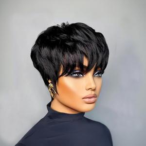 Pixie Cut Wig Human Hair Short Pixie Cut Wigs for Black Women Human Hair Glueless Pixie Wig Short Layered Brazilian Virgin Human Hair Wigs For Women Brazilian Straight Human Hair 1B (Color CS#53)