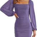 MASCOMODA Women Elegant Square Neck Lantern Long Sleeve Mini Ruched Bodycon Dress Stretch Mesh Slim Party Cocktail Dresses, Medium