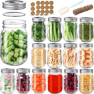 PINIWON Mason Jars 16 oz with Airtight Lids and Bands, 15 Pack Regular Mouth Canning Jars, Clear Glass Pint Jars for Canning, Pickling, Food Storage, DIY Projects, 24 Labels, Brush & String Included