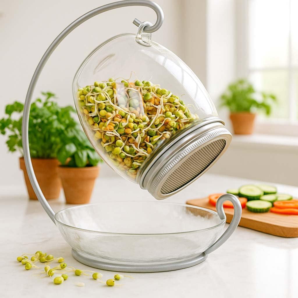 Premium Sprouting Jar Kit - Unique 30 oz Wide Mouth Sprouting Jar, Stand, Tray and 316 Stainless Screen Lid | Decorative Indoor Seed Sprouter and Germinator (1 Kit)