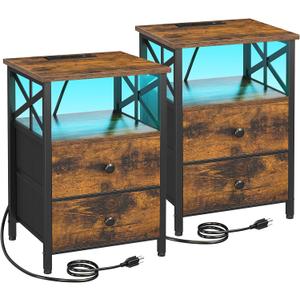 AMHANCIBLE Night Stand Set 2, LED Nightstand with Charging Station, End Tables Living Room with Fabric Drawers, Bed Side Table for Bedroom, Rustic Brown, HET052LBR