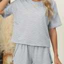 HDQHDQ Women's Striped Pajama Set Summer Short Sleeve Top and Shorts 2 Piece Lounge Sets Side Slit Cute Pjs