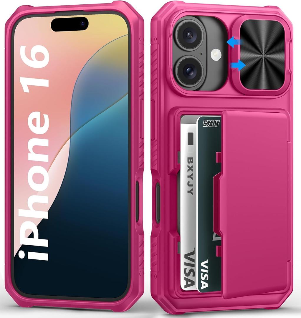 BXYJY for iPhone 16 Wallet Case with Card Holder (4-5 Cards), Slide Camera Cover, RFID Blocking, Military Grade Protection, Heavy Duty Women Girly Men Protective Phone Case for iPhone 16, Hot Pink