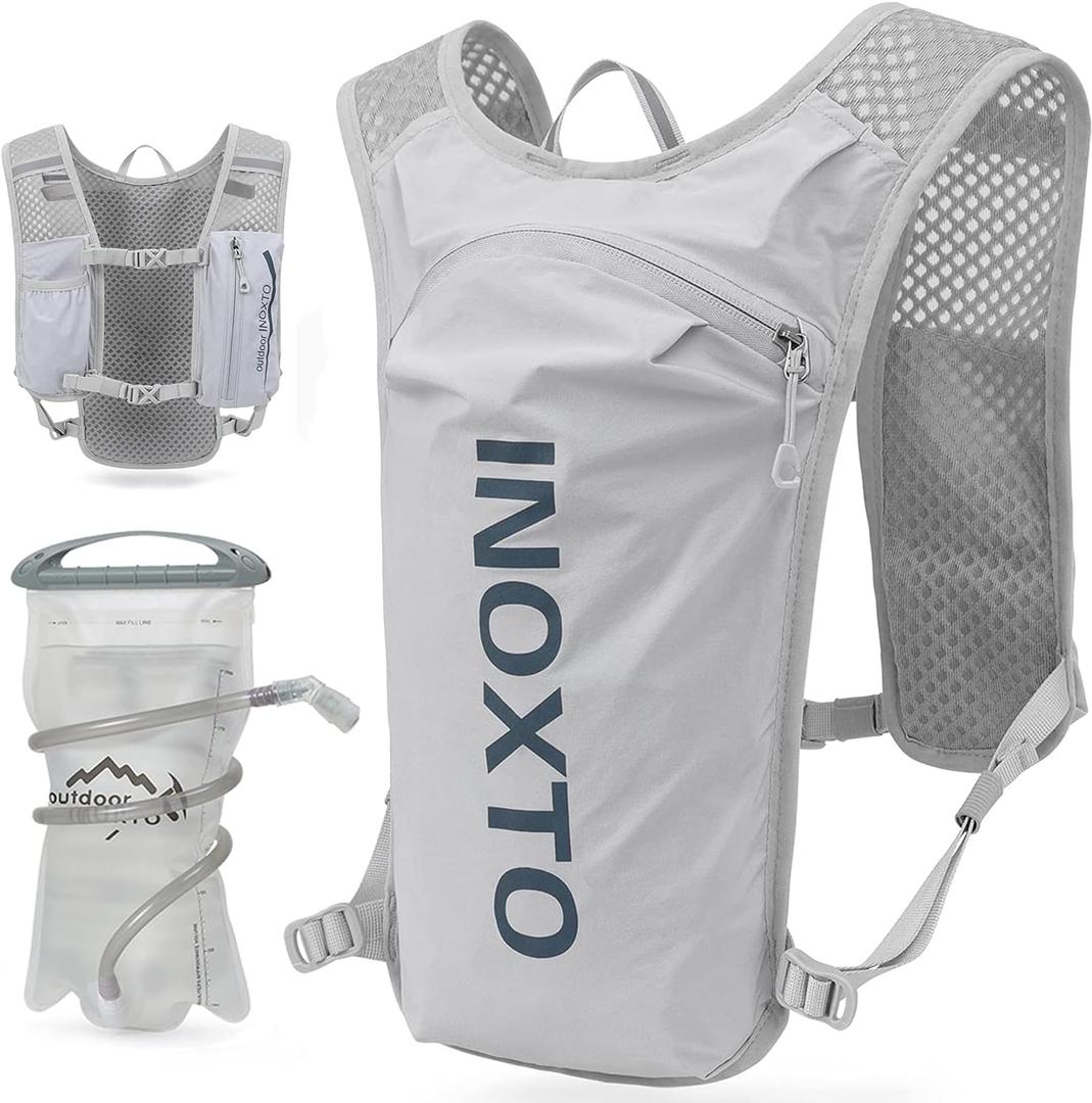 INOXTO Running Hydration Vest Backpack,Lightweight Insulated Pack with 1.5L Water Bladder Bag Daypack for Hiking Trail Running Cycling Race Marathon for Women Men, Light Gray