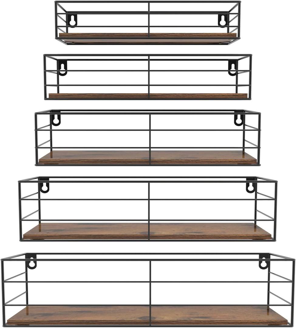 CRUGLA Floating Wall Shelves Set of 5, Wall Mounted Bathroom Shelves, Hanging Storage Shelf for Bathroom, Kitchen, Bedroom, Living Room (Brown)