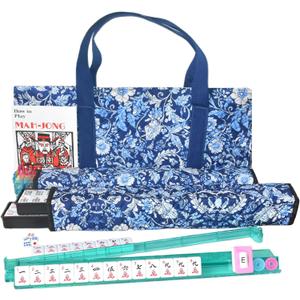 American Mahjong Set for Adults,166 Premium White Tiles, 4 All-in-One Mahjong Racks/Pushers,Complete Western Mahjong with Soft Blue Printed Carrying Bag, 9 inches x 20 inches x 3 inches