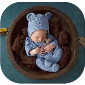 Vemonllas Newborn Photography Props Boys Girls Outfits Mohair Bear Hat Bonnet & Footed Romper Bodysuit Photoshoot Costume Set (Light Blue)
