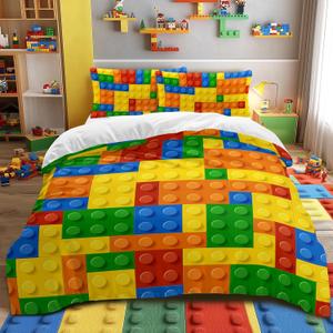BlessLiving Twin Duvet Cover Set - Soft Colorful Building Blocks Bedding Set, Fun Geometric Brick Pattern Comforter Cover, Yellow Orange & Green - Gaming Bedspread with 2 Pillowcases for Teens & Boys (1)