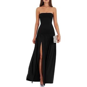 LAGSHIAN Women's Summer Strapless Flowy Maxi Dress Tube Bodycon Split A Line Long Party Dresses Black, XL