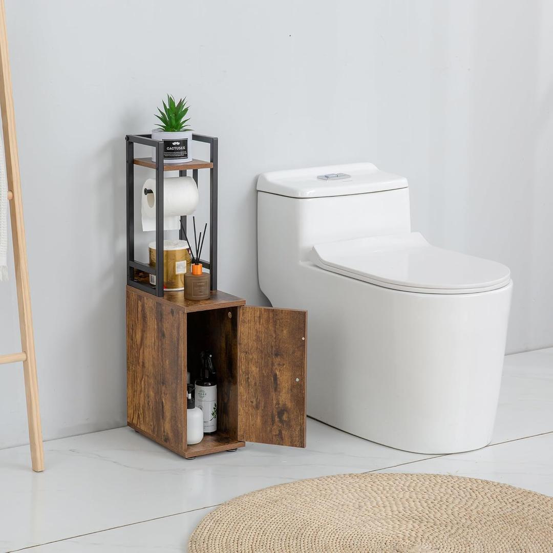 Small Narrow Bathroom Storage Cabinet w/Toilet Paper Roll Holder, Slim Toilet Paper Storage for Bathroom, Brown