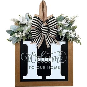 Last Name Year Round Front Door Wreath Front Porch Decoration 26 Letter Welcome Sign with Eucalyptus Garland and Bow Spring Wreaths for Front Door Outside Hanger GarlandH