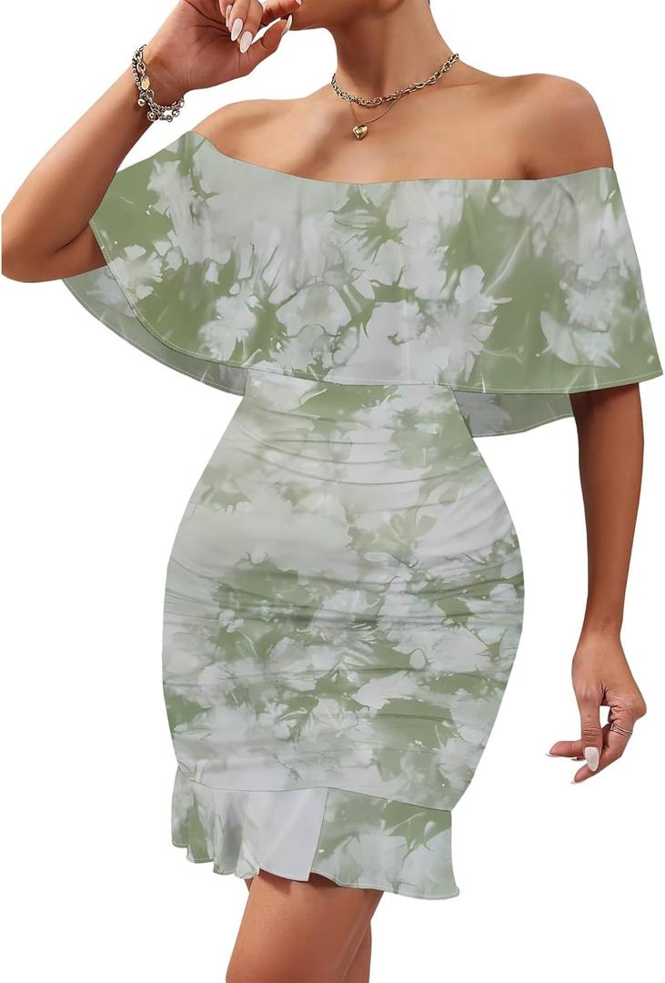 PinkPatty Summer Mini Dress for Women Off Shoulder Ruffled Bodycon Dresses Short Beach Sundress (XL)