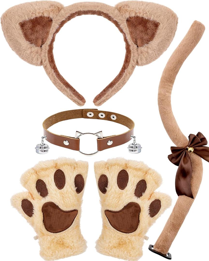Halloween Cat Costumes Set, 4 Pcs Cute Cat Ears Headband Tail Paws Gloves Collar Set for Women Girls (Brown)