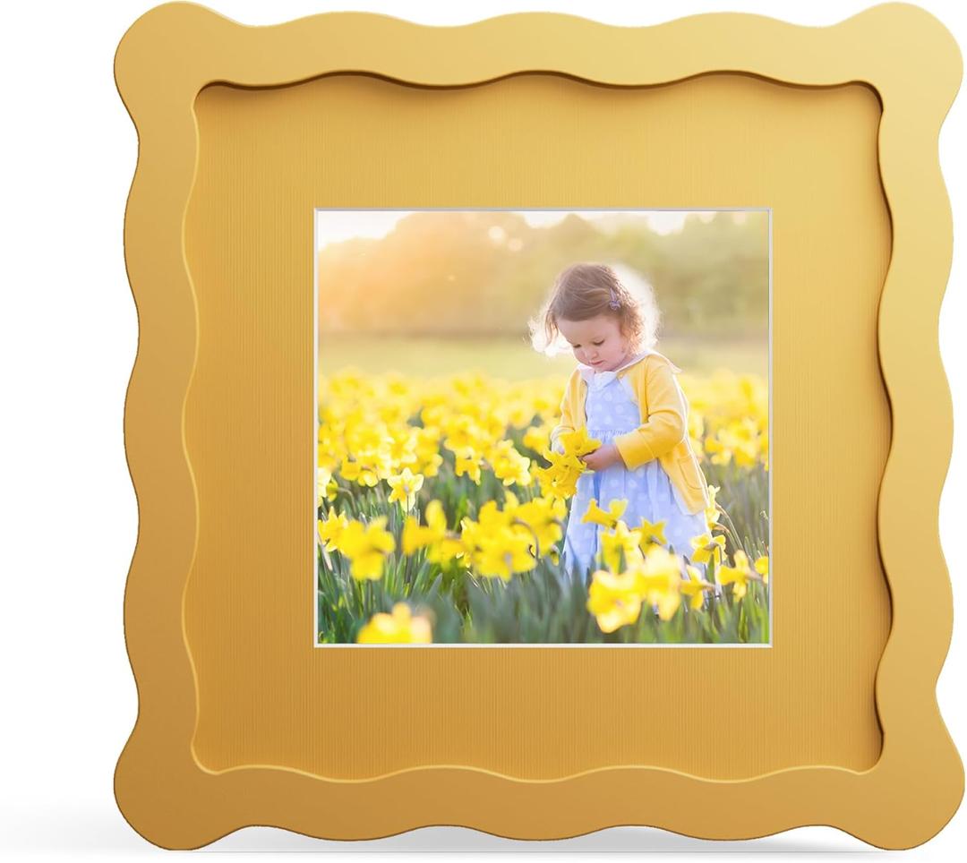 6x6 Picture Frame with Mat for 4x4, Wavy Edge Wooden Real Glass Photo Frame for Tabletop and Wall Hanging, Yellow, 1 Pack