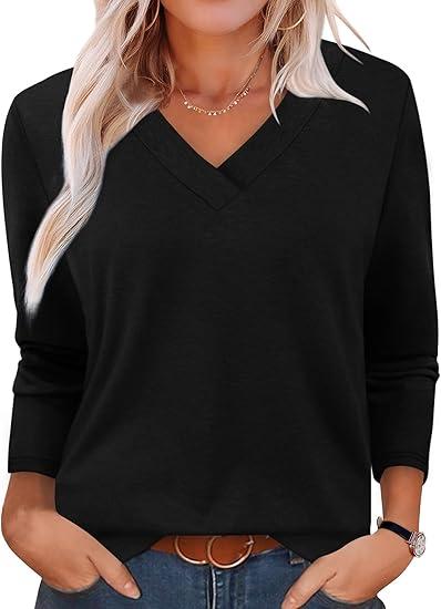 XIEERDUO Long Sleeve Shirts for Women V Neck Fall Tops Basic Tunic Tops Loose Fit Dressy 2025 S, Black