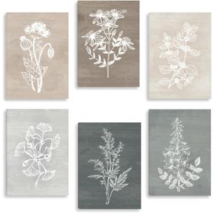 BINCUE Neutral Botanical Plant Canvas 6 Pieces Rustic Farmhouse Wall Art for Living Room Bedroom and Bathroom,Canvas Paintings Print Set Decor 12"x 16" (16L" x 12W")
