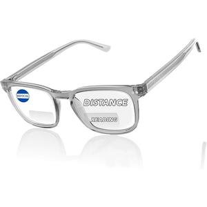 DEHOTRE Bifocal Reading Glasses for Men Clear Top Computer Readers with Metal Core Wire Acetate Frame/Temple Anti Blue Light Grey 3.00