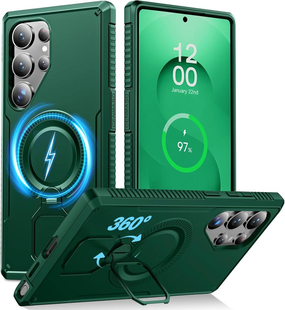 CENMASO Magnetic Case for Samsung Galaxy S25 Ultra with 360 Spin Stand, Compatible with Magsafe, Military Grade Protection, Shockproof Case for Galaxy S25 Ultra with Kickstand & Ring Stand, Green