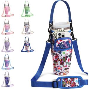 DLOCCOLD Water Bottle Carrier Bag with Phone Pocket for 40 oz Tumbler, Water Bottle Holder with Adjustable Shoulder & Handheld Strap, Carrier Sling Bag for Water Bottle Walking Camping Travelling (Garden Sketch)