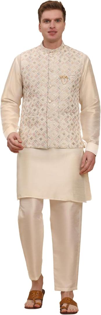 Pro-Ethic Style Developer Mens Indian Traditional Silk Kurta Set With Jacket For Men Floral Design (C-112) Cream, X Large