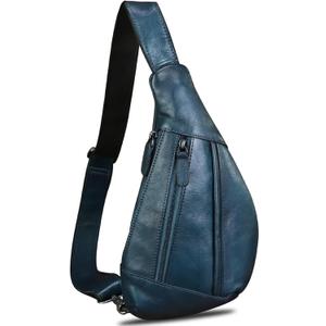 LRTO Genuine Leather Sling Bag for Men and Women Vintage Real Leather Crossbody Chest Bags Backpack Purse for Travel Hiking (Blue)