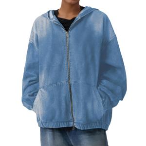 Aomice Women's Zip Up Denim Hoodie Sweatshirt Jean Jacket Coats with Pockets Blue S
