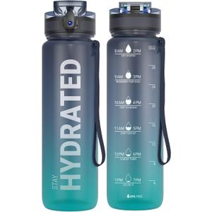 Sahara Sailor Water Bottle 32oz, Durable and Leakproof Water Bottles Motivational with Time Marker, Tritan, BPA Free, Wide Mouth with Easy Clean Brush for Gym, Travel, Home, School, Office (1 Bottle) (33.8 Ounces, Deep Sea)