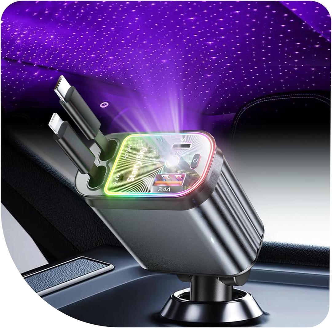 Starlight Retractable Car Charger Adapter for iPhone 17,4 in 1 Fast Charging Car Phone Charger,69W USB C Car Truck Accessories,Road Trip Essentials Gift for Men Women for iPhone 17/16/15/14/13,Galaxy