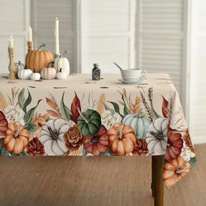Horaldaily Fall Tablecloth 60×104 Inch Rectangular, Flower Autumn Harvest Pumpkin Washable Seasonal Table Cover for Party Picnic Dinner Decor Pack of 2