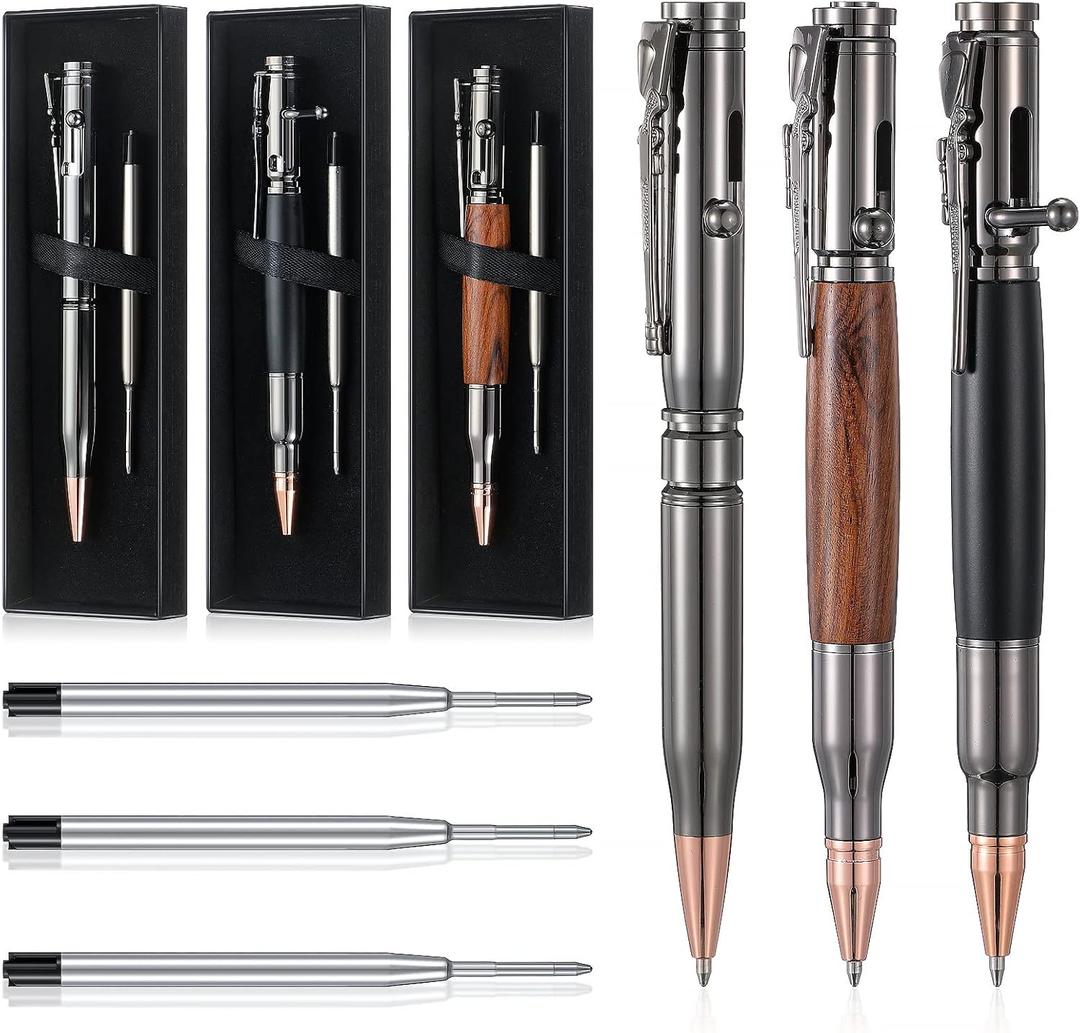 Crtiin 3 Sets Bolt Bullet Pens for Men Bullet Pen for Collector Lover Father with Gift Box and Black Ink Refills Father's Day Graduation Male Teacher Gifts(Wood Gray Black)